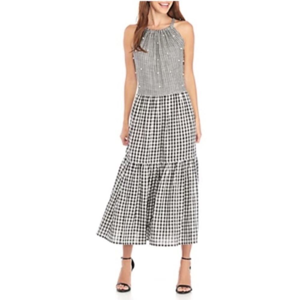 Violet Weekend Black White Gingham Pearl Maxi Dress L Sleeveless Tiered‎ Gauzy